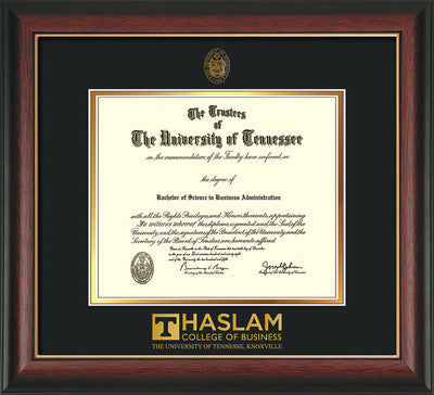 Image of University of Tennessee Haslam College of Business Diploma Frame - Rosewood w/Gold Lip - w/UT Embossed Seal & UTHAS Wordmark - Black on Gold Mat