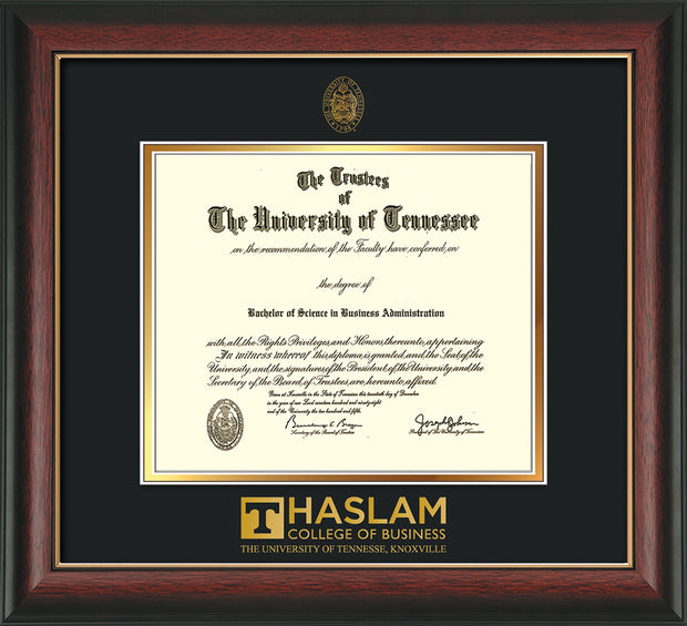 Image of University of Tennessee Haslam College of Business Diploma Frame - Rosewood w/Gold Lip - w/UT Embossed Seal & UTHAS Wordmark - Black on Gold Mat