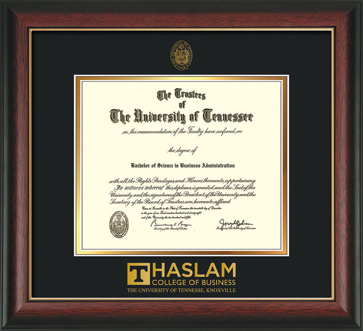 Image of University of Tennessee Haslam College of Business Diploma Frame - Rosewood w/Gold Lip - w/UT Embossed Seal & UTHAS Wordmark - Black on Gold Mat
