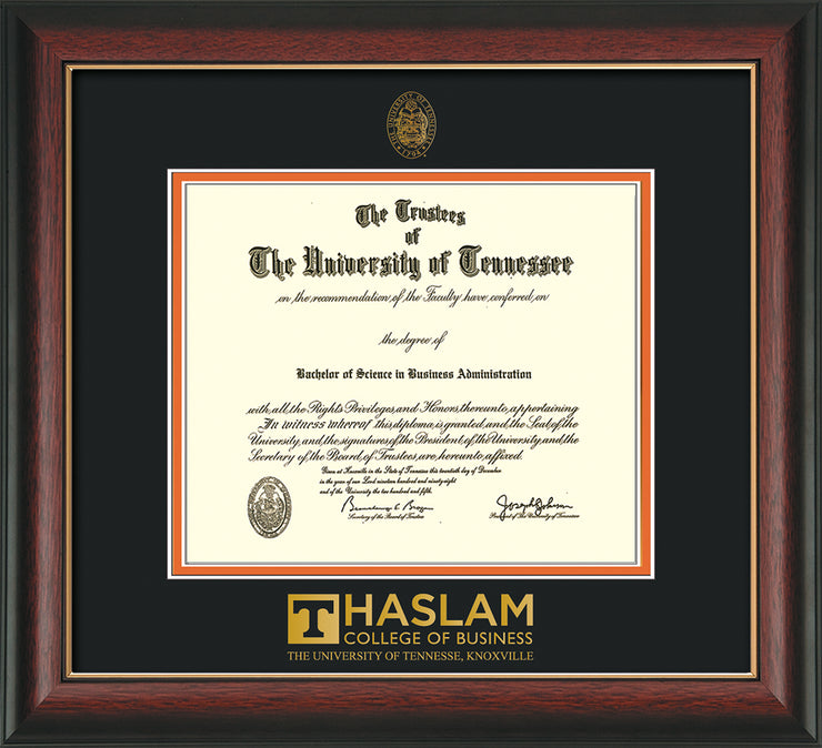 Image of University of Tennessee Haslam College of Business Diploma Frame - Rosewood w/Gold Lip - w/UT Embossed Seal & UTHAS Wordmark - Black on Orange Mat