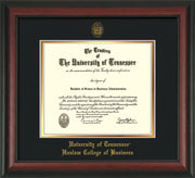 Image of University of Tennessee Haslam College of Business Diploma Frame - Rosewood - w/UT Embossed Seal & UTHAS Name - Black on Gold Mat