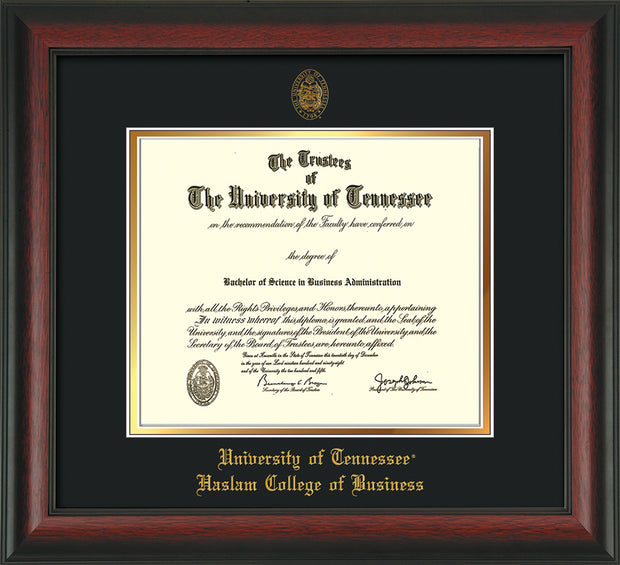 Image of University of Tennessee Haslam College of Business Diploma Frame - Rosewood - w/UT Embossed Seal & UTHAS Name - Black on Gold Mat