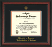 Image of University of Tennessee Haslam College of Business Diploma Frame - Rosewood - w/UT Embossed Seal & UTHAS Name - Black on Orange Mat