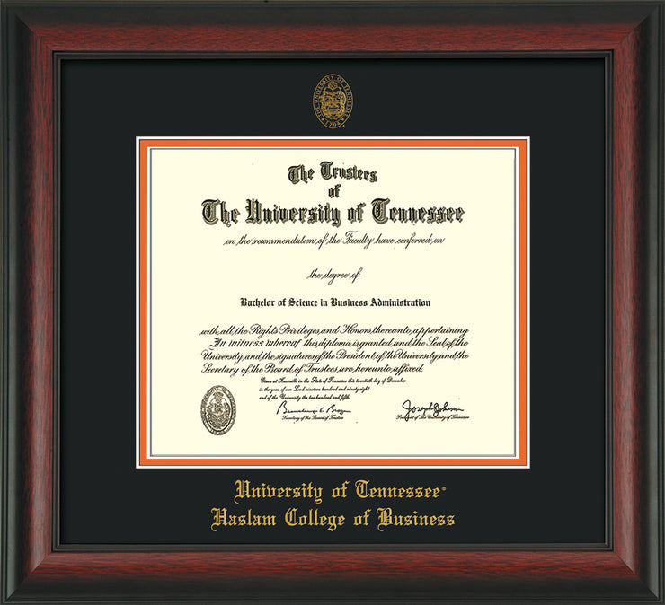 Image of University of Tennessee Haslam College of Business Diploma Frame - Rosewood - w/UT Embossed Seal & UTHAS Name - Black on Orange Mat