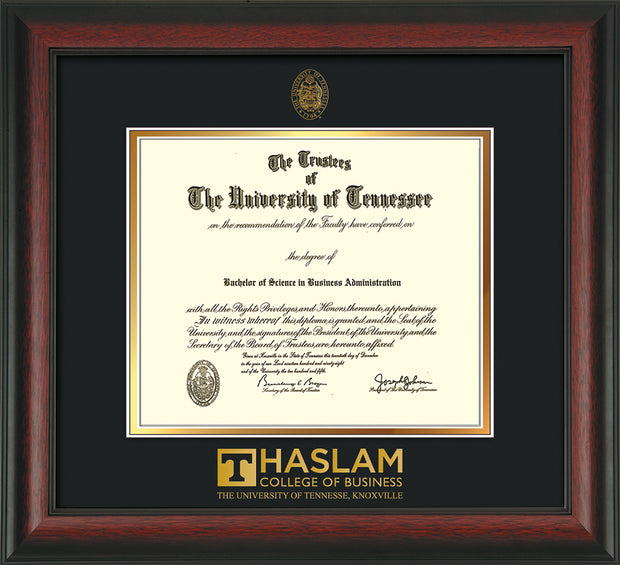 Image of University of Tennessee Haslam College of Business Diploma Frame - Rosewood - w/UT Embossed Seal & UTHAS Wordmark - Black on Gold Mat