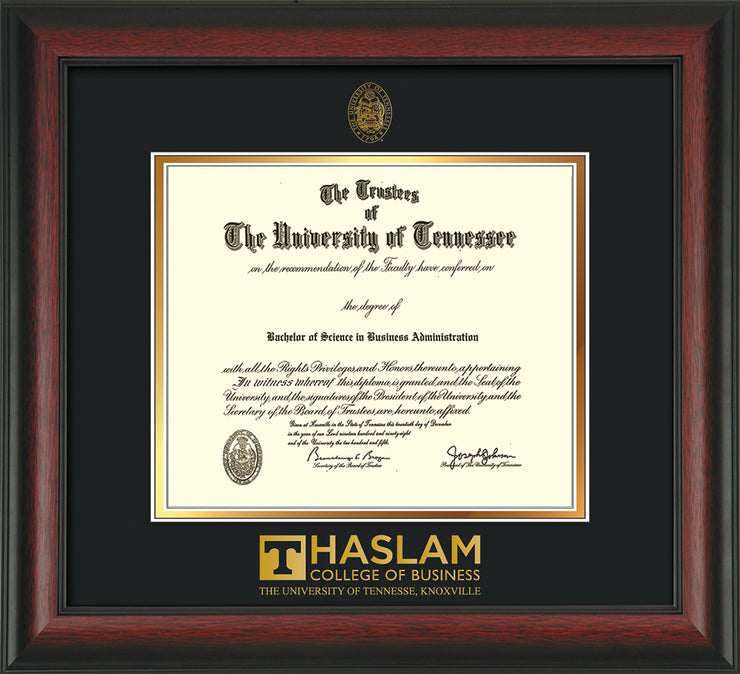 Image of University of Tennessee Haslam College of Business Diploma Frame - Rosewood - w/UT Embossed Seal & UTHAS Wordmark - Black on Gold Mat