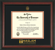 Image of University of Tennessee Haslam College of Business Diploma Frame - Rosewood - w/UT Embossed Seal & UTHAS Wordmark - Black on Orange Mat