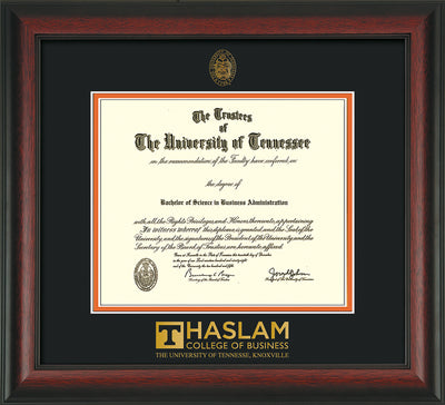 Image of University of Tennessee Haslam College of Business Diploma Frame - Rosewood - w/UT Embossed Seal & UTHAS Wordmark - Black on Orange Mat