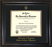 Image of University of Tennessee Haslam College of Business Diploma Frame - Vintage Black Scoop - w/UT Embossed Seal & UTHAS Name - Black on Gold Mat