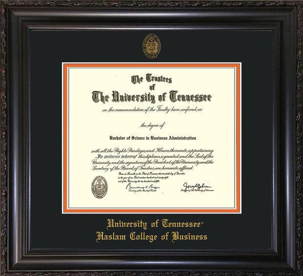 Image of University of Tennessee Haslam College of Business Diploma Frame - Vintage Black Scoop - w/UT Embossed Seal & UTHAS Name - Black on Orange Mat