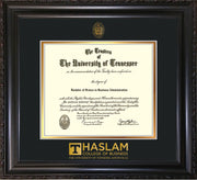 Image of University of Tennessee Haslam College of Business Diploma Frame - Vintage Black Scoop - w/UT Embossed Seal & UTHAS Wordmark - Black on Gold Mat