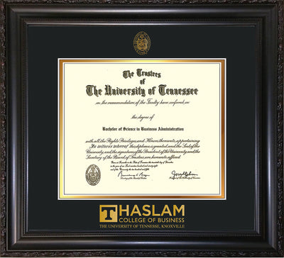 Image of University of Tennessee Haslam College of Business Diploma Frame - Vintage Black Scoop - w/UT Embossed Seal & UTHAS Wordmark - Black on Gold Mat
