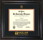 Image of University of Tennessee Haslam College of Business Diploma Frame - Vintage Black Scoop - w/UT Embossed Seal & UTHAS Wordmark - Black on Orange Mat