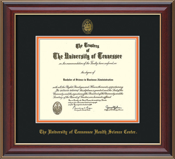Image of University of Tennessee Health Science Center Diploma Frame - Cherry Lacquer - w/UT Embossed Seal & UTHSC Name - Black on Orange Mat