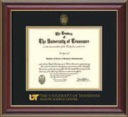 Image of University of Tennessee Health Science Center Diploma Frame - Cherry Lacquer - w/UT Embossed Seal & UTHSC Wordmark - Black on Gold Mat