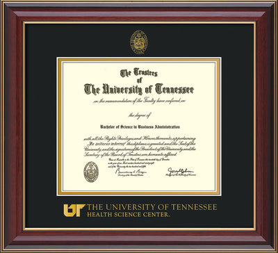Image of University of Tennessee Health Science Center Diploma Frame - Cherry Lacquer - w/UT Embossed Seal & UTHSC Wordmark - Black on Gold Mat