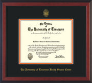 Image of University of Tennessee Health Science Center Diploma Frame - Satin Black - w/UT Embossed Seal & UTHSC Name - Black on Orange Mat