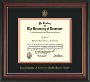 Image of University of Tennessee Health Science Center Diploma Frame - Rosewood w/Gold Lip - w/UT Embossed Seal & UTHSC Name - Black on Orange Mat