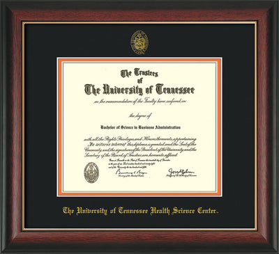 Image of University of Tennessee Health Science Center Diploma Frame - Rosewood w/Gold Lip - w/UT Embossed Seal & UTHSC Name - Black on Orange Mat