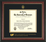 Image of University of Tennessee Health Science Center Diploma Frame - Rosewood w/Gold Lip - w/UT Embossed Seal & UTHSC Wordmark - Black on Gold Mat