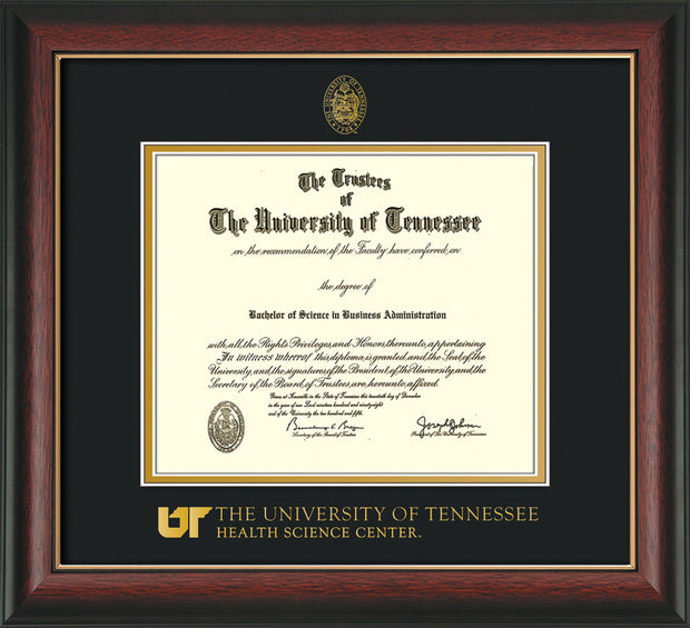 Image of University of Tennessee Health Science Center Diploma Frame - Rosewood w/Gold Lip - w/UT Embossed Seal & UTHSC Wordmark - Black on Gold Mat