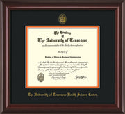Image of University of Tennessee Health Science Center Diploma Frame - Mahogany Lacquer - w/UT Embossed Seal & UTHSC Name - Black on Orange Mat