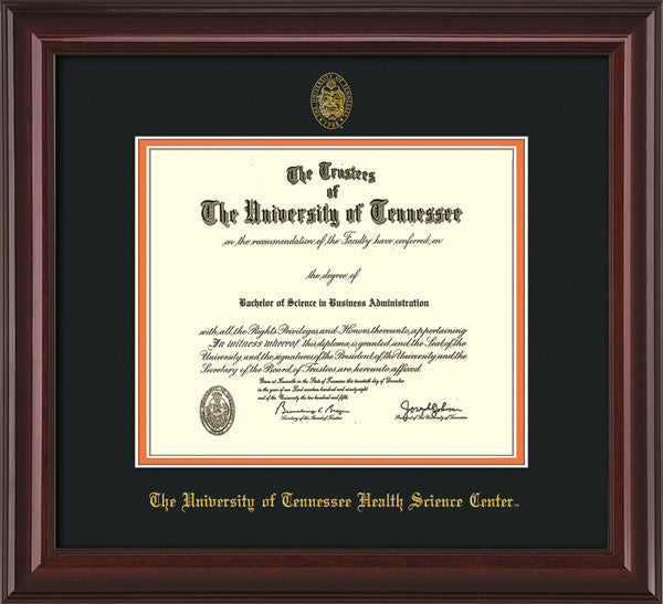 Image of University of Tennessee Health Science Center Diploma Frame - Mahogany Lacquer - w/UT Embossed Seal & UTHSC Name - Black on Orange Mat