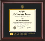 Image of University of Tennessee Health Science Center Diploma Frame - Mahogany Lacquer - w/UT Embossed Seal & UTHSC Wordmark - Black on Gold Mat
