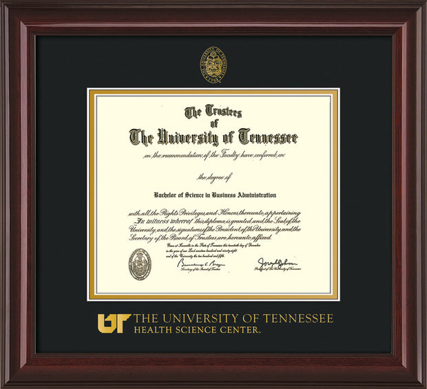 Image of University of Tennessee Health Science Center Diploma Frame - Mahogany Lacquer - w/UT Embossed Seal & UTHSC Wordmark - Black on Gold Mat