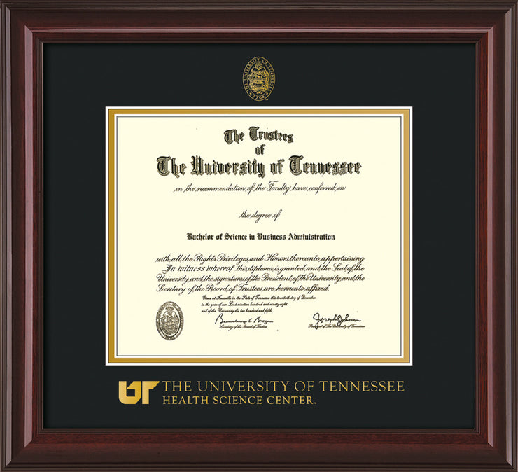 Image of University of Tennessee Health Science Center Diploma Frame - Mahogany Lacquer - w/UT Embossed Seal & UTHSC Wordmark - Black on Gold Mat