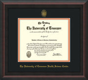 Image of University of Tennessee Health Science Center Diploma Frame - Mahogany Braid - w/UT Embossed Seal & UTHSC Name - Black on Orange Mat
