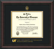 Image of University of Tennessee Health Science Center Diploma Frame - Mahogany Braid - w/UT Embossed Seal & UTHSC Wordmark - Black on Gold Mat