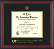 Image of University of Tennessee Health Science Center Diploma Frame - Cherry Reverse - w/UT Embossed Seal & UTHSC Wordmark - Black on Gold Mat
