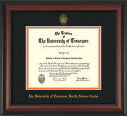 Image of University of Tennessee Health Science Center Diploma Frame - Rosewood - w/UT Embossed Seal & UTHSC Name - Black on Orange Mat
