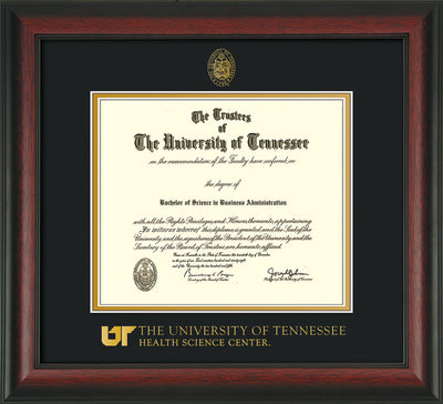 Image of University of Tennessee Health Science Center Diploma Frame - Rosewood - w/UT Embossed Seal & UTHSC Wordmark - Black on Gold Mat