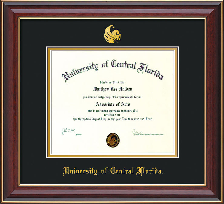 Image of University of Central Florida Diploma Frame - Cherry Lacquer - w/Embossed UCF Seal & Name - Black on Gold mat