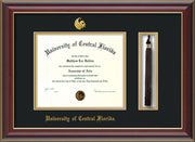 Image of University of Central Florida Diploma Frame - Cherry Lacquer - w/Embossed UCF Seal & Name - Tassel Holder - Black on Gold mat