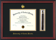 Image of University of Central Florida Diploma Frame - Cherry Reverse - w/Embossed UCF Seal & Name - Tassel Holder - Black on Gold mat
