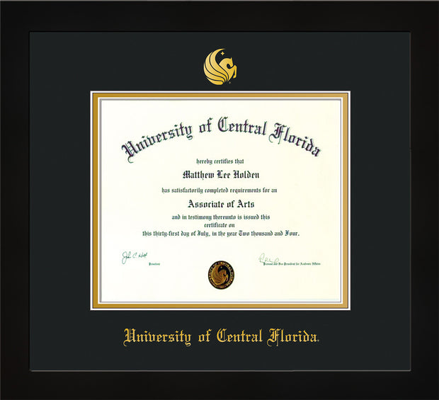 Image of University of Central Florida Diploma Frame - Flat Matte Black - w/Embossed UCF Seal & Name - Black on Gold mat