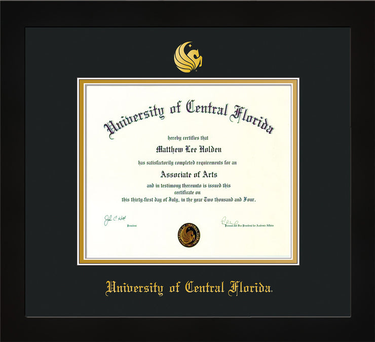 Image of University of Central Florida Diploma Frame - Flat Matte Black - w/Embossed UCF Seal & Name - Black on Gold mat