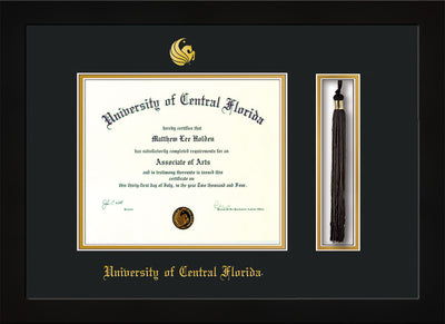 Image of University of Central Florida Diploma Frame - Flat Matte Black - w/Embossed UCF Seal & Name - Tassel Holder - Black on Gold mat