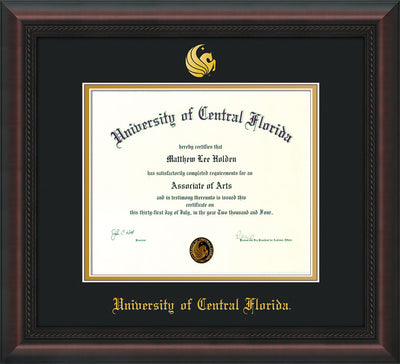 Image of University of Central Florida Diploma Frame - Mahogany Braid - w/Embossed UCF Seal & Name - Black on Gold mat