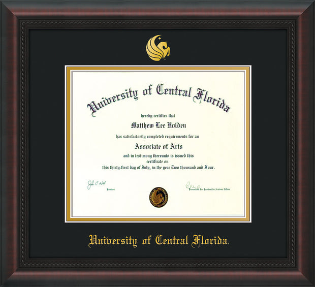 Image of University of Central Florida Diploma Frame - Mahogany Braid - w/Embossed UCF Seal & Name - Black on Gold mat