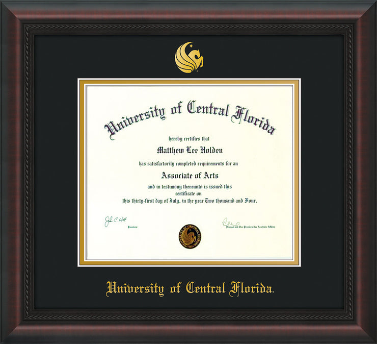 Image of University of Central Florida Diploma Frame - Mahogany Braid - w/Embossed UCF Seal & Name - Black on Gold mat