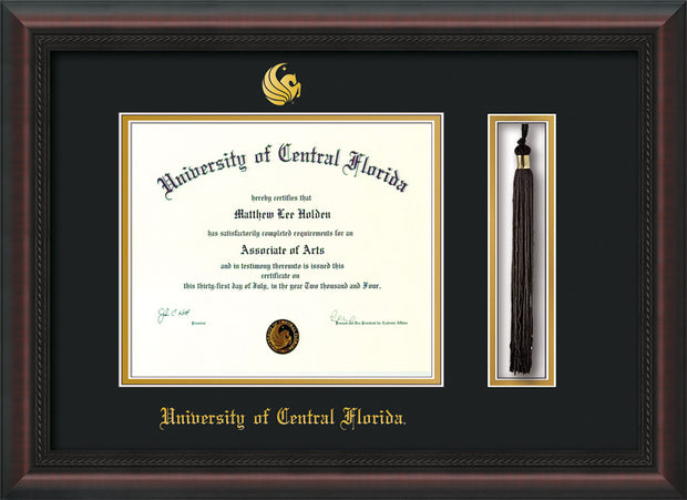 Image of University of Central Florida Diploma Frame - Mahogany Braid - w/Embossed UCF Seal & Name - Tassel Holder - Black on Gold mat