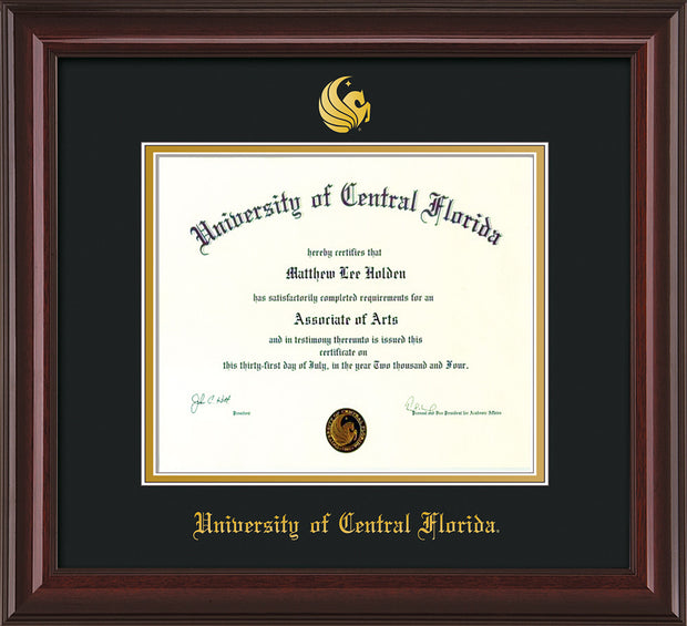 Image of University of Central Florida Diploma Frame - Mahogany Lacquer - w/Embossed UCF Seal & Name - Black on Gold mat