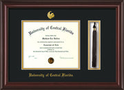 Image of University of Central Florida Diploma Frame - Mahogany Lacquer - w/Embossed UCF Seal & Name - Tassel Holder - Black on Gold mat