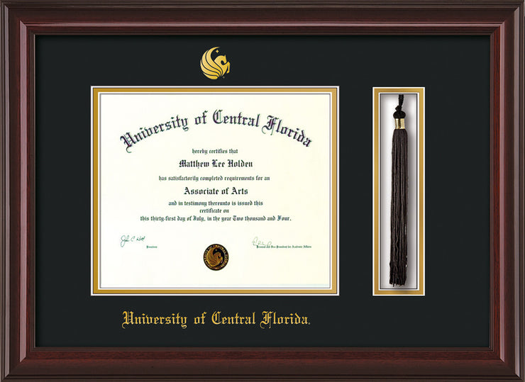 Image of University of Central Florida Diploma Frame - Mahogany Lacquer - w/Embossed UCF Seal & Name - Tassel Holder - Black on Gold mat