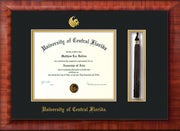 Image of University of Central Florida Diploma Frame - Mezzo Gloss - w/Embossed UCF Seal & Name - Tassel Holder - Black on Gold mat