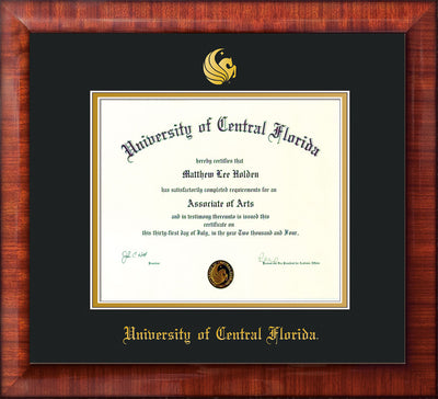 Image of University of Central Florida Diploma Frame - Mezzo Gloss - w/Embossed UCF Seal & Name - Black on Gold mat